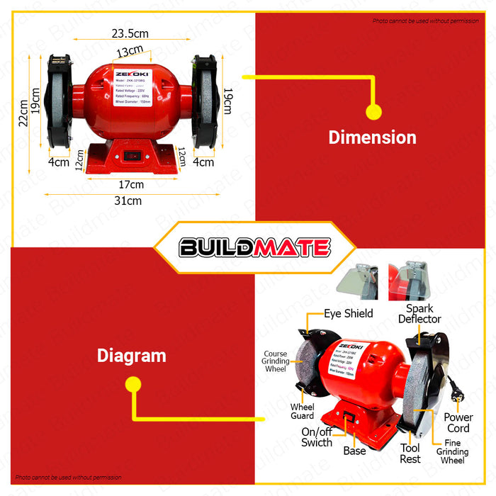 BUILDMATE Zekoki Heavy Duty Bench Grinder 6" Inch 250W 1/3HP | 8" Inch 550W 3/4HP with Grinding Wheel Electric Bench Grinder Polishing Grinder Engraving Tool Table Grinder ZKK-3215BG | ZKK-3220BG •