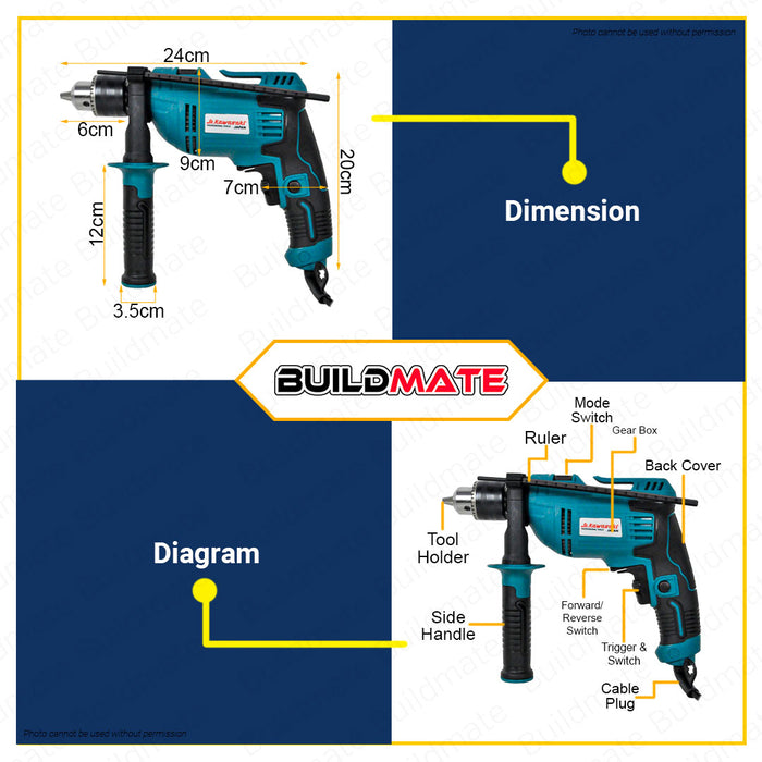 JR KAWASAKI JAPAN Impact Drill Set Kit 750W 13MM Electric Drill Cement Drilling Wood Drilling Hammer Barena Hammer Drill Set Electric Drill Set Japan Made JR1630KIT •BUILDMATE•