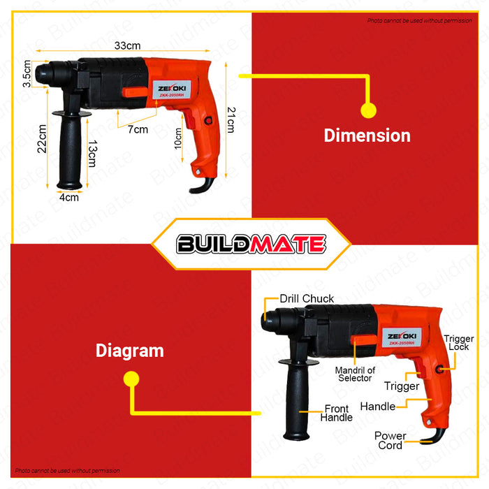 BUILDMATE Zekoki Rotary Hammer Engraver 500W SDS+2 Mode Electric Hammer Concrete Breaker Drill Chipping Gun Drill Chipping Hammer Electric Drill ZKK-2050RH •