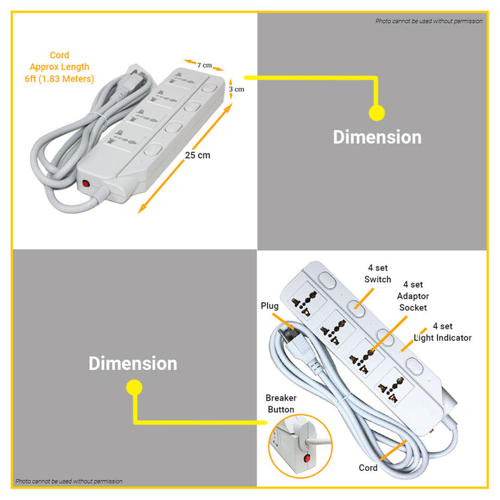 BUILDMATE Omni Extension Cord Set with Individual Switch 10A 250V 4 Gang Universal Outlet Power Strip WED-340-PK