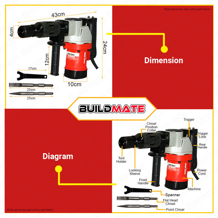 BUILDMATE Zekoki Demolition Hammer 900W Chipping Gun Hammer Concrete Breaker Demolition Drill Heavy Duty Electric Hammer ZKK-0810CH •