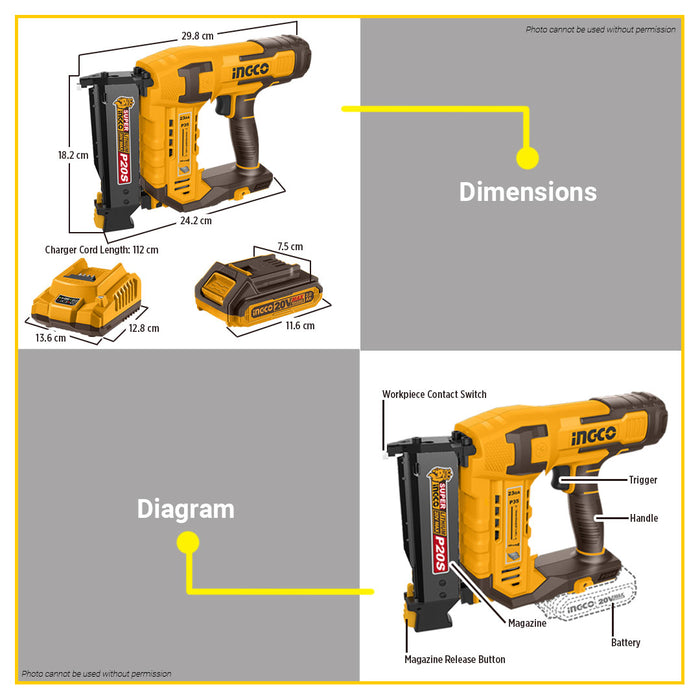 BUILDMATE Ingco 20V Lithium-Ion Cordless Pin Nailer 10-35mm Air Stapler Compressed Pneumatic Lightweight Nailer for Carpentry & Furniture Making - ICPT