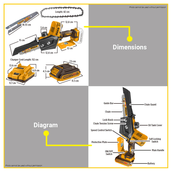 BUILDMATE Ingco Lithium-Ion Cordless Brushless Pruner Saw 20V Rechargeable Handheld Tree Pruning Branch Cutter Wood Garden Trimming Saw CGSLI20681 - ICPT
