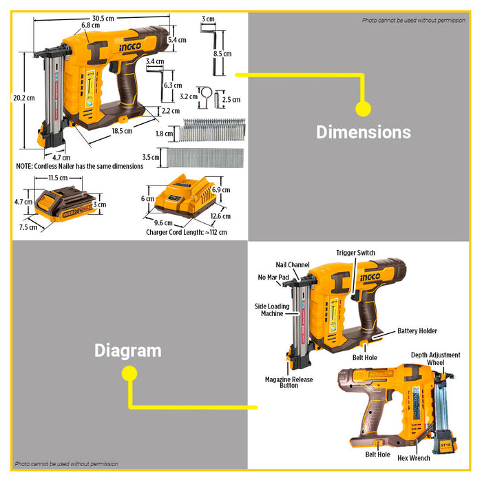 BUILDMATE Ingco 2pcs Cordless Combo Kit 20V Lithium-Ion Cordless Brad Nailer 18GA & Concrete Nailer ST18 COSLI240301 - ICPT