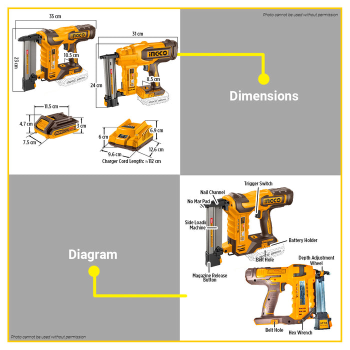 BUILDMATE Ingco 2pcs Cordless Combo Kit Brad Nailer With Crown Stapler Power Tool Set COSLI240901 - ICPT