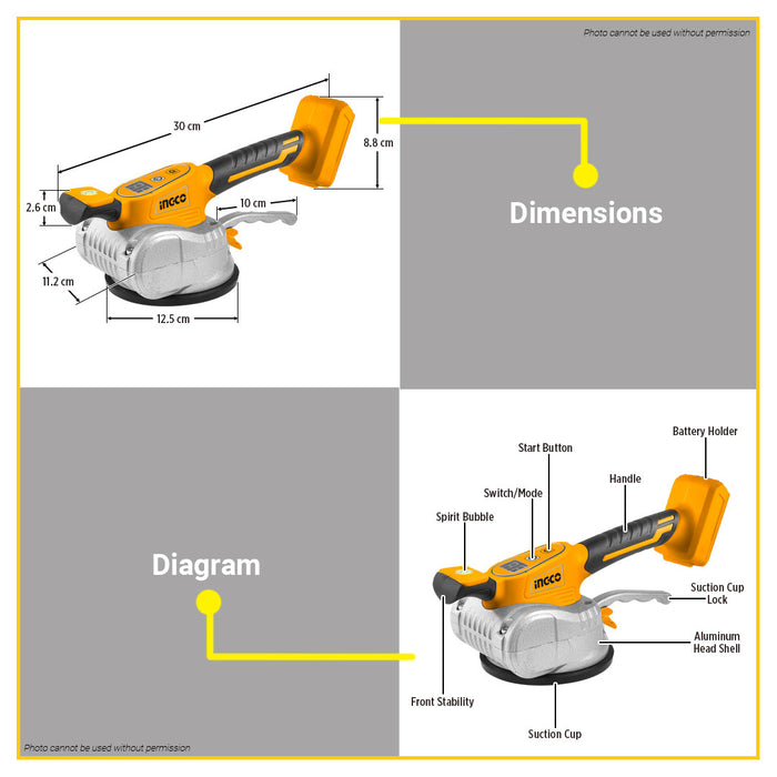 BUILDMATE Ingco 20V Lithium-Ion Cordless Tile Vibration Machine 0-10000rpm Tile Installation Setter Leveling Tool CTVLI2010 - ICPT