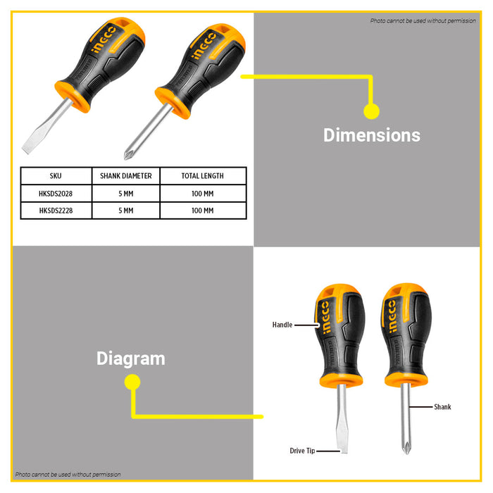 BUILDMATE Ingco 2pcs Screwdriver Set Slotted and Phillip Screw Driver S2 Round Shank Household Tool Kit SOLD PER SET - IHT
