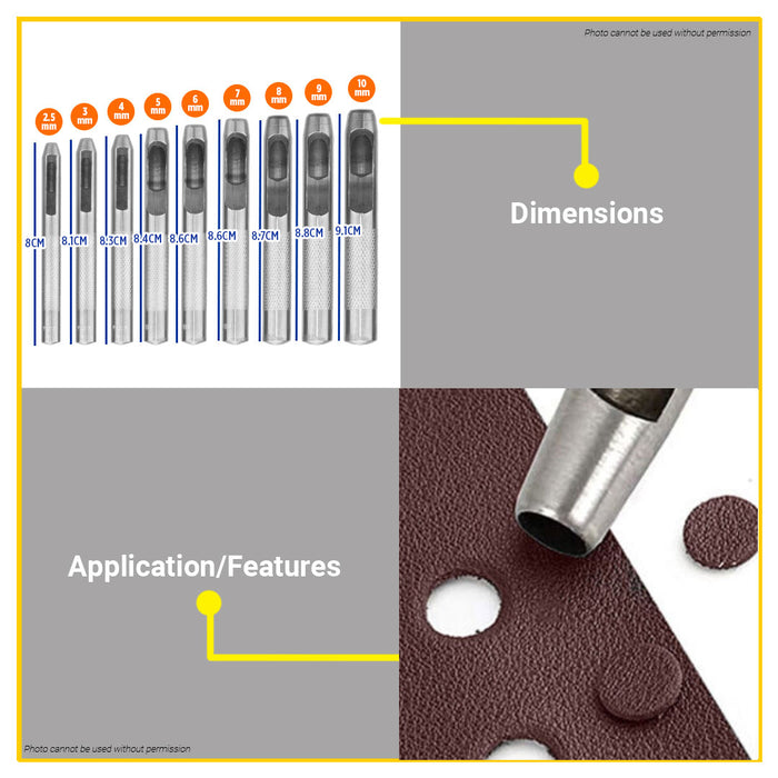 BUILDMATE Wadfow 9pcs Hollow Punch Set 2mm-10mm Leather Punching Hole Kit Leathercraft Tool WCC7509 - WHT