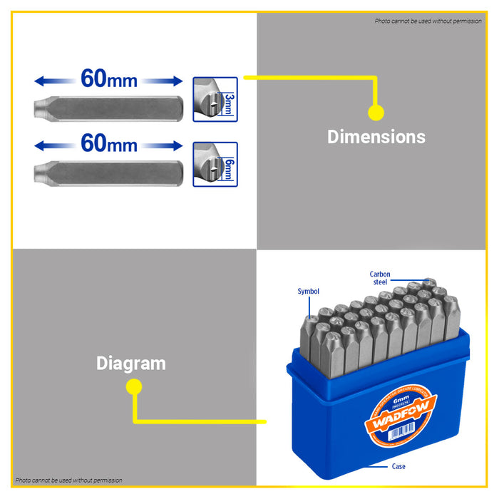 BUILDMATE Wadfow 27PCS Letter Punch Set 3mm - 6mm Carbon Steel Hollow Stamping Puncher Set Kit SOLD PER SET WCC9273 / WCC9276 - WHT
