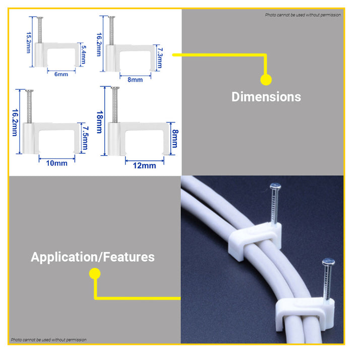 BUILDMATE Wadfow 100PCS/SET Rectangular White Cable Clips 6mm - 12mm Wire Organizer Fastening Cord Clamps SOLD PER SET - WHT