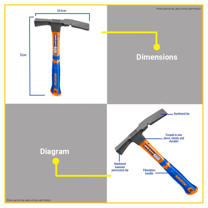 BUILDMATE Wadfow Mason Hammer Glass Easy To Grip Fiber handle Vertical Cutting Edge WHM3306 - WHT