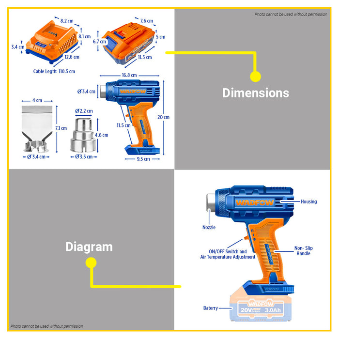 BUILDMATE Wadfow Lithium-Ion Cordless 20V Heat Gun Blower Rechargeable Hot Air Blow Gun Heat Shrink Wrapping Sealer Tool - WCPT