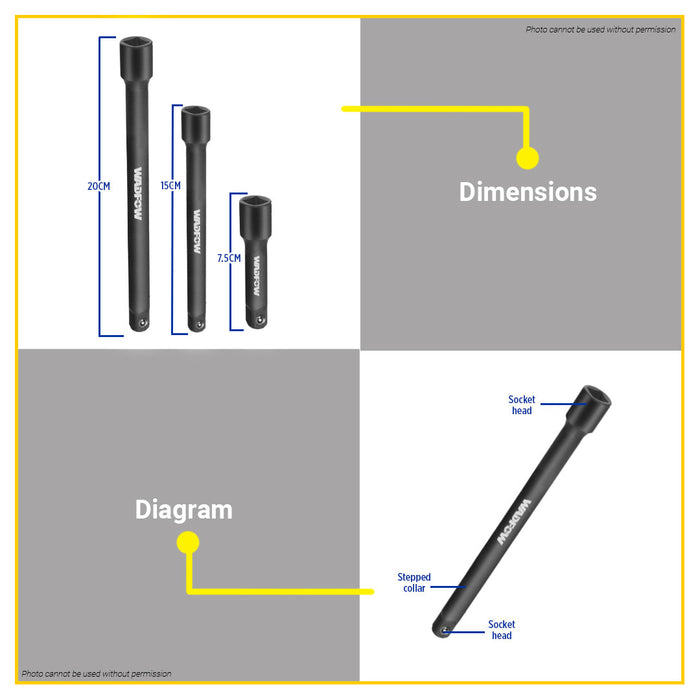 BUILDMATE Wadfow 3pcs Drive Impact Extension Bar Set 1/2" Cr-V Steel Extension Bars Kit Impact Tool WMS7403  - WHT
