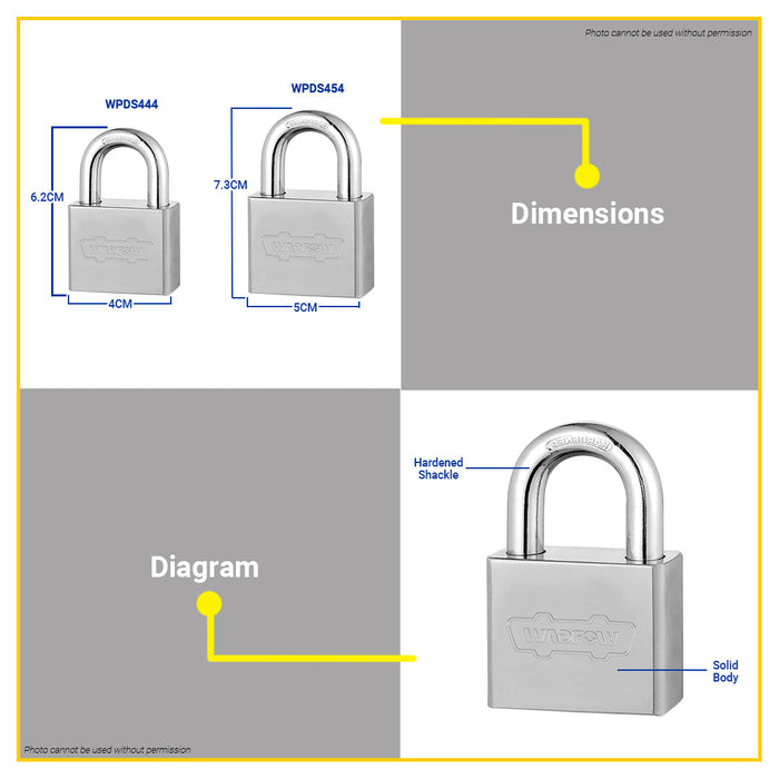 BUILDMATE Wadfow 4pcs Key-Alike Square Type Vane Padlock Set 40MM / 50MM Short Shackle Anti-Theft Keyed Wide Security Lock with Keys WPDS444 / WPDS454 - WHT