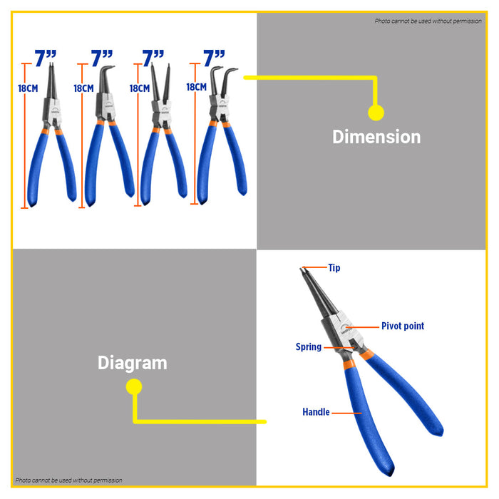 BUILDMATE Wadfow Circlip Pliers 7" Inch Internal / External Retaining Snap Ring Bent and Straight Head Plier SOLD PER PIECE - WHT