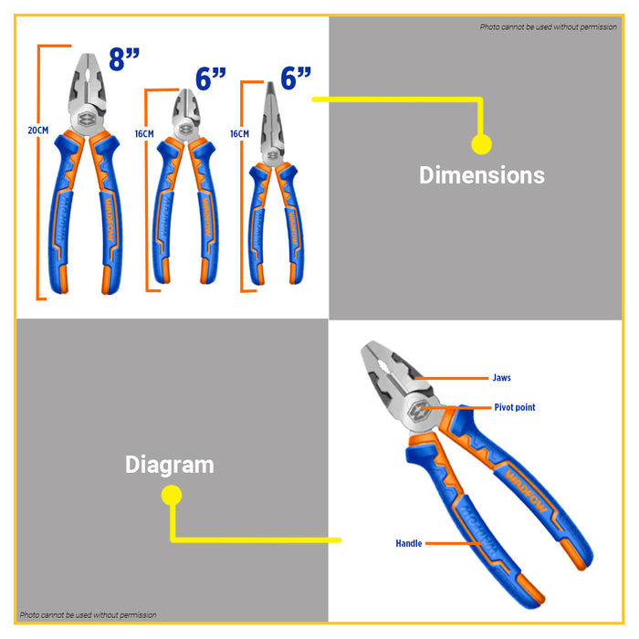 BUILDMATE Wadfow 3pcs High Leverage Pliers Set 6" - 8" Inch Combination, Long Nose, Diagonal Cutting Plier Hand Tools SOLD PER SET WPS0613 - WHT