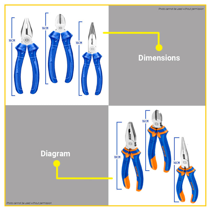 BUILDMATE Wadfow 3pcs Pliers Set Combination, Long Nose, Diagonal Cutting Plier Multi-Purpose Hand Repair Tool Kit Set - WHT
