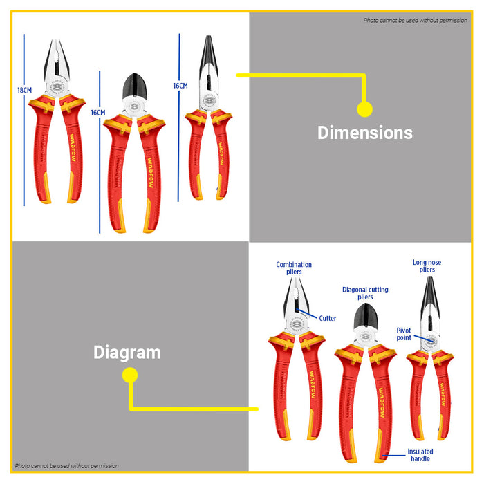 BUILDMATE Wadfow 3pcs Insulated Plier Set Combination Long Nose Diagonal Cutting Pliers Electrician Repair Hand Tools Kit WPS0633 - WHT