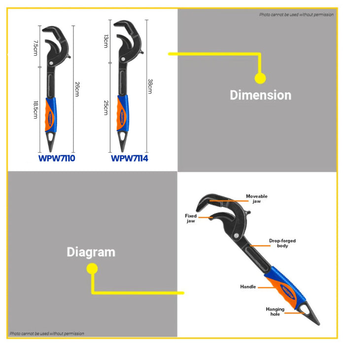 BUILDMATE Wadfow Pipe Wrench 10"-14" Inch Full Body Drop-Forged Piping Plumber Tongue-and-Groove Pliers Plumbing Tool WPW7110 / WPW7114 - WHT
