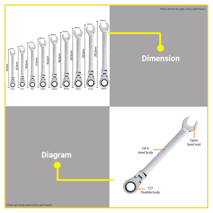 BUILDMATE Wadfow 8MM-19MM Flexible Head Combination Ratchet Spanner Wrench Gear Ring SOLD PER PIECE - WHT