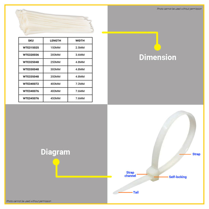 BUILDMATE Wadfow 100PCS/SET Multipurpose White Nylon Cable Ties 2.5MM-9MM Self Locking Zip Fastening Wire Wraps Cable Tie - WHT
