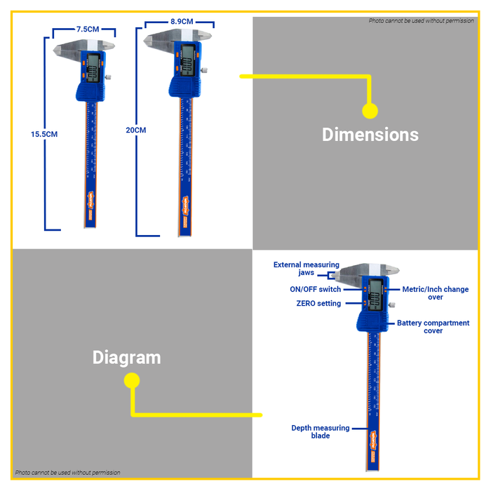 BUILDMATE Wadfow Digital Caliper 150mm/200mm Range Electronic Vernier Metric/Inch Conversion Caliper Precision Measuring Tool WVC2B15 / WVC2B20 - WHT
