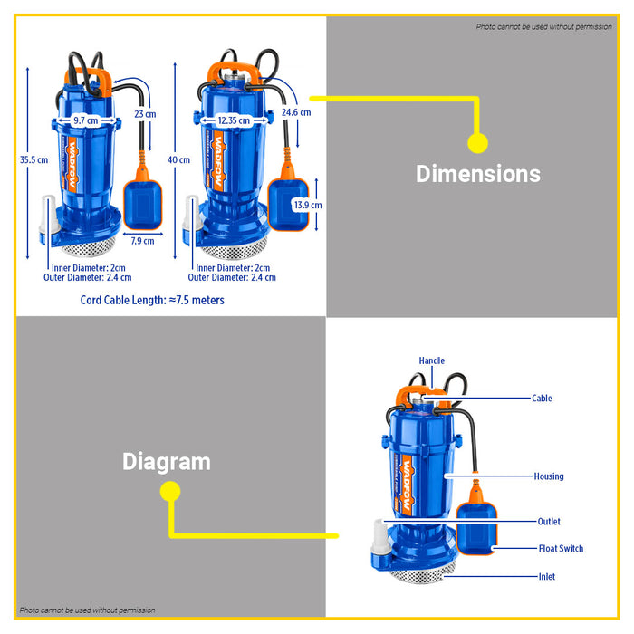 BUILDMATE Wadfow Submersible Pump 370W / 750W Aluminum Wire Clean Water Pump IPX8 with Thermal Protector WWPQA01-5 / WWPQA03-5 - WPT