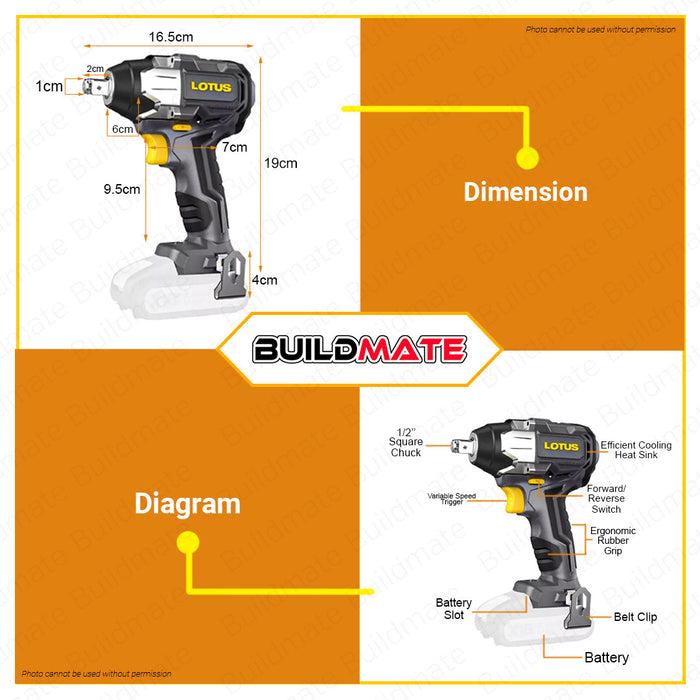 LOTUS Lithium-Ion Cordless Brushless Impact Wrench Driver 18V 1/2" Dive X18/BL Impact Driver Drill Wrench LTDS18V-310BL •BUILDMATE•