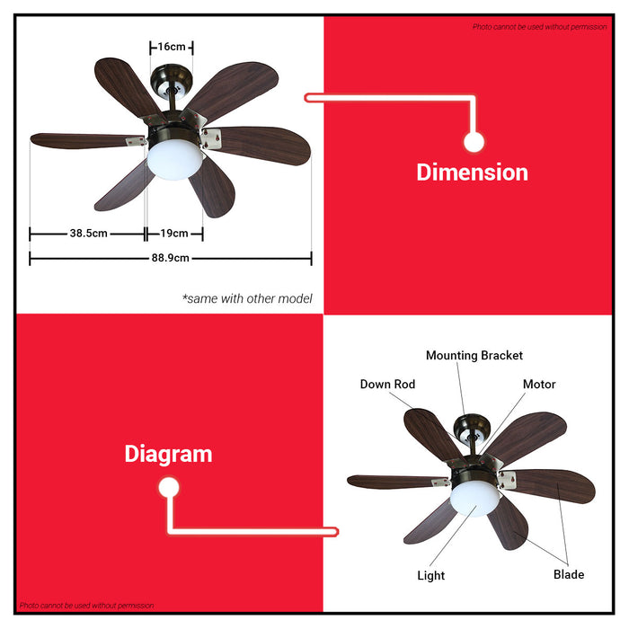 POWERHOUSE Turbo Ceiling Fan AC Motor 36in With Led Bulb & Remote Control Black, White & Wood PHE