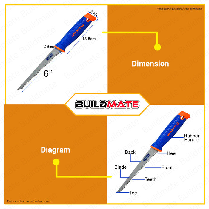 WADFOW Wall Board Saw 6" Inch Wallboard Saw Jab Saw Panel Saw Drywall Hand Saw Keyhole Saw Blade Sheetrock Tool Tree Saw Wood Cutter WHW3G06 •BUILDMATE• WHT