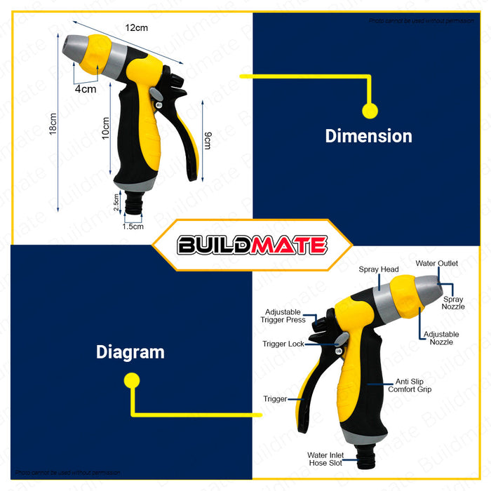 BUILDMATE Waterhouse Jet Stream Spray Gun 18CM Plastic Trigger Nozzle Garden Hose Spray Nozzle Gun Adjustable Plastic Nozzle Garden Soft Grip for Watering Plants, Car Wash Garden Tools WH-JETSTREAM-ABSTPR •