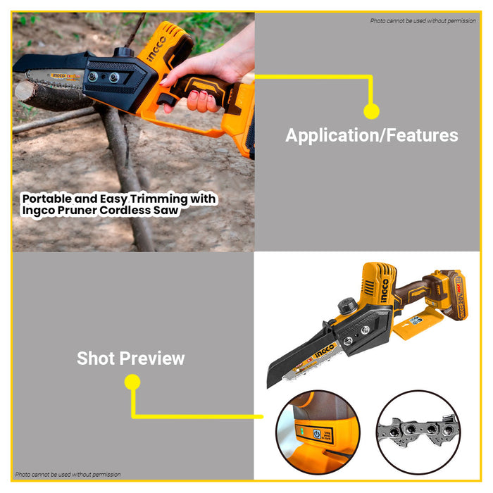 BUILDMATE Ingco Lithium-Ion Cordless Brushless Pruner Saw 20V Rechargeable Handheld Tree Pruning Branch Cutter Wood Garden Trimming Saw CGSLI20681 - ICPT