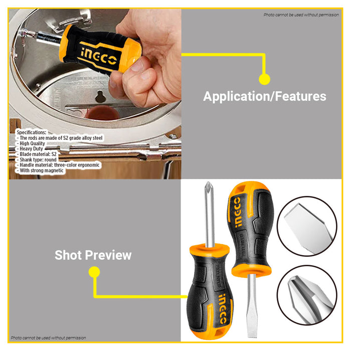 BUILDMATE Ingco 2pcs Screwdriver Set Slotted and Phillip Screw Driver S2 Round Shank Household Tool Kit SOLD PER SET - IHT