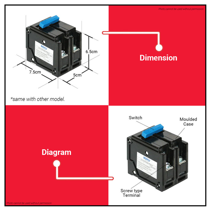 BUILDMATE Royu Mini Circuit Breaker Plug In Type Screw Terminal 2 Pole 15A | 20A | 30A | 40A | 60A | 100A Electrical Safety Breaker Safety Circuit Breaker Electrical Outlet Cover Electrical Circuit Safety Plug-In Breaker Mechanical Lug Terminal •