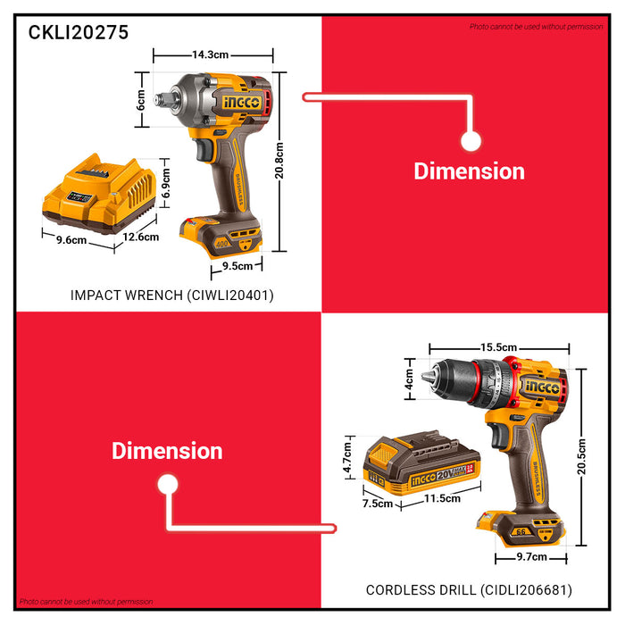 INGCO 2pcs Combo Kit Impact Wrench & Compact Impact Drill CKLI20275 ICPT