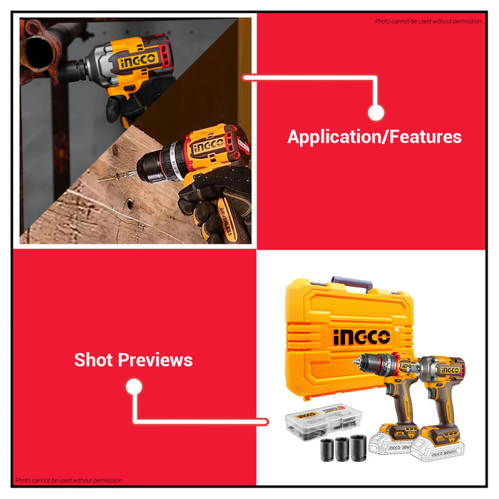 INGCO 2pcs Combo Kit Impact Wrench & Compact Impact Drill CKLI20275 ICPT