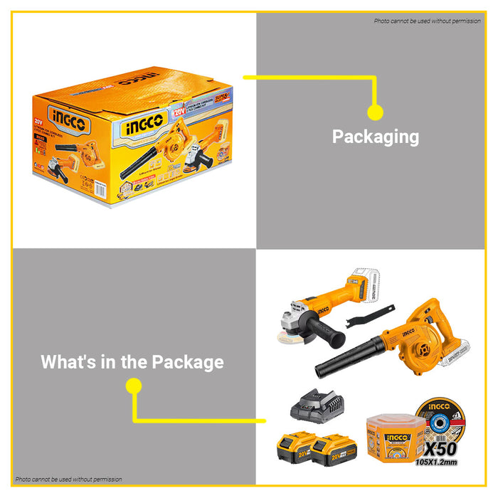 [EXCLUSIVE] BUILDMATE Ingco BRUSHLESS 2PCS/SET Combo Kit 20V Li-Ion Cordless Angle Grinder & Air Blower Variable Speed COSLI2211310 with 2pcs Battery, Charger & 50pcs Cutting Disc INOX for Metal Super Select 2pcs Combo Kit Set • ICPT