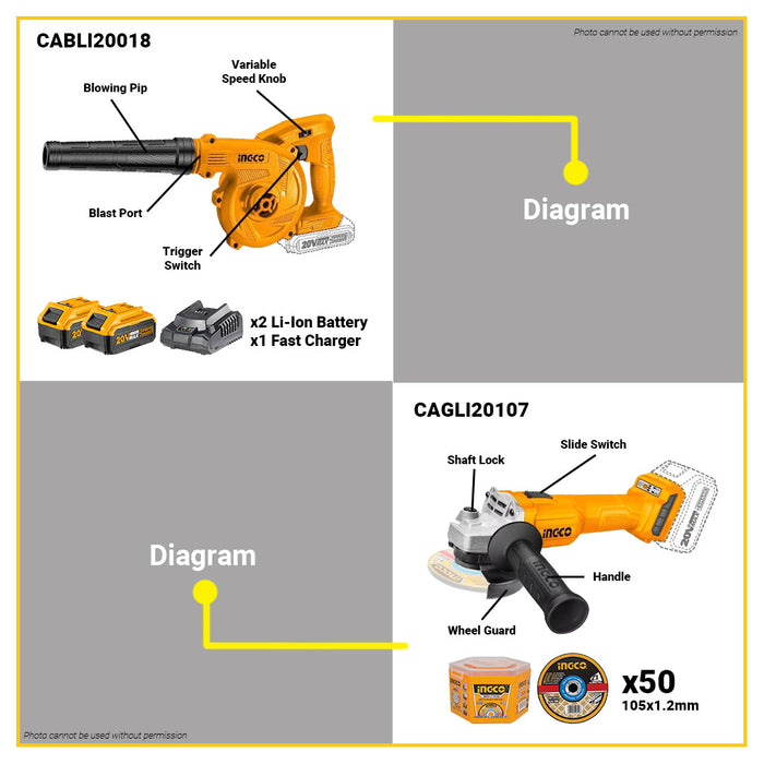 [EXCLUSIVE] BUILDMATE Ingco BRUSHLESS 2PCS/SET Combo Kit 20V Li-Ion Cordless Angle Grinder & Air Blower Variable Speed COSLI2211310 with 2pcs Battery, Charger & 50pcs Cutting Disc INOX for Metal Super Select 2pcs Combo Kit Set • ICPT