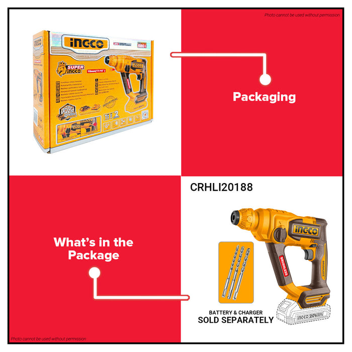 INGCO 20V Cordless Brushless Li-Ion Rotary Hammer Drill (Complete Unit and Bare Tool Only) CRHLI20188 | CRHLI201881 ICPT