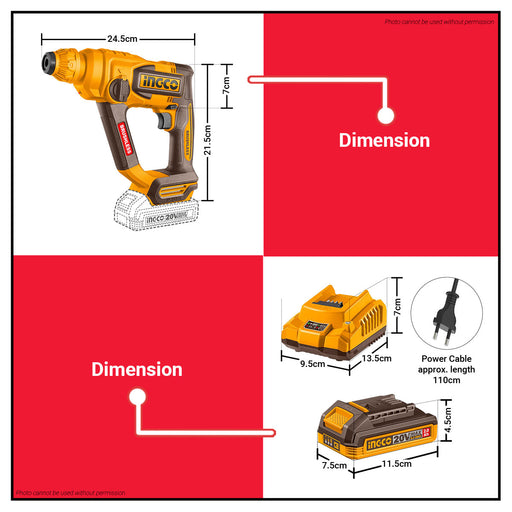 INGCO 20V Cordless Brushless Li-Ion Rotary Hammer Drill (Complete Unit and Bare Tool Only) CRHLI20188 | CRHLI201881 ICPT