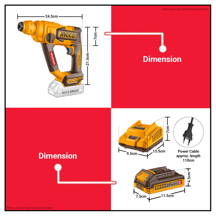 INGCO 20V Cordless Brushless Li-Ion Rotary Hammer Drill (Complete Unit and Bare Tool Only) CRHLI20188 | CRHLI201881 ICPT