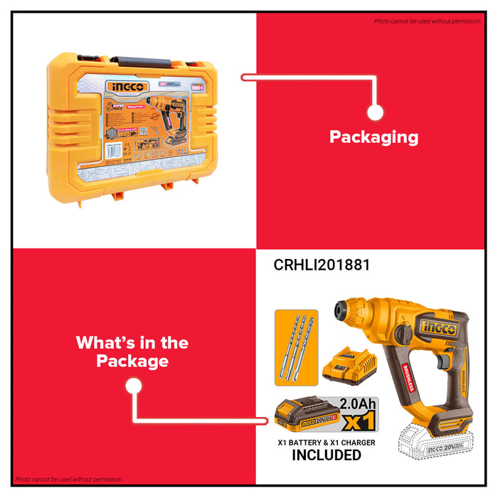 INGCO 20V Cordless Brushless Li-Ion Rotary Hammer Drill (Complete Unit and Bare Tool Only) CRHLI20188 | CRHLI201881 ICPT