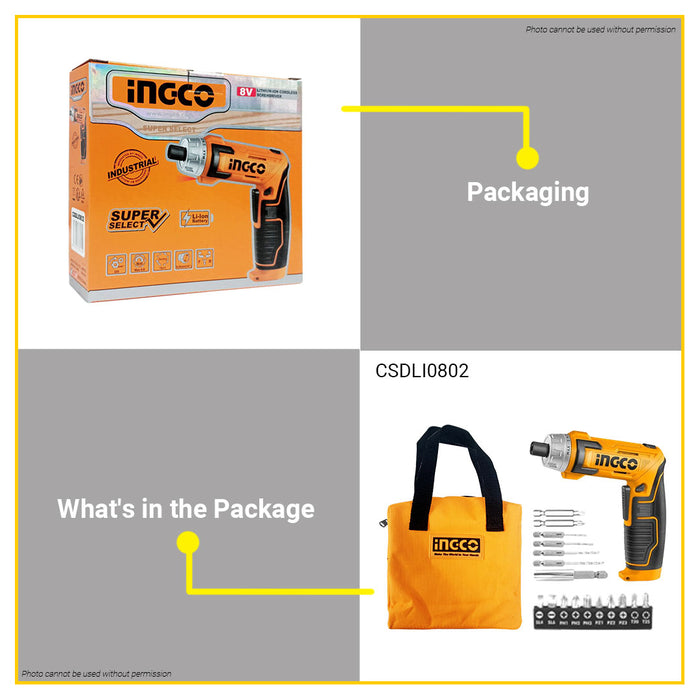 INGCO Lithium-Ion Cordless Screwdriver Set 4V / 8V with Handheld with Led Work Light •BUILDMATE• ICPT