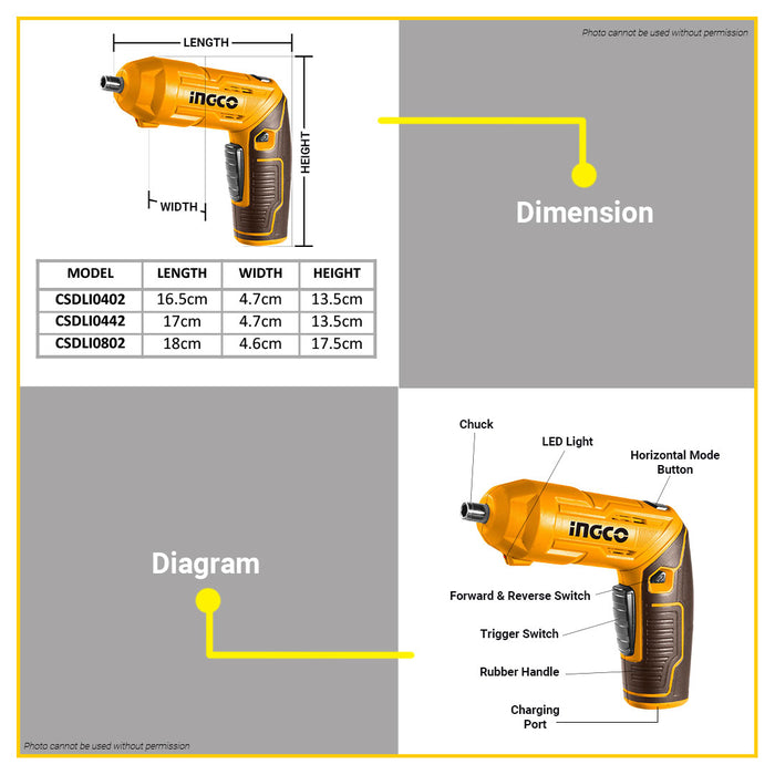 INGCO Lithium-Ion Cordless Screwdriver Set 4V / 8V with Handheld with Led Work Light •BUILDMATE• ICPT