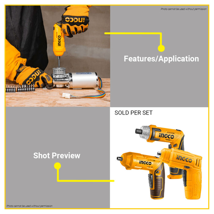 INGCO Lithium-Ion Cordless Screwdriver Set 4V / 8V with Handheld with Led Work Light •BUILDMATE• ICPT