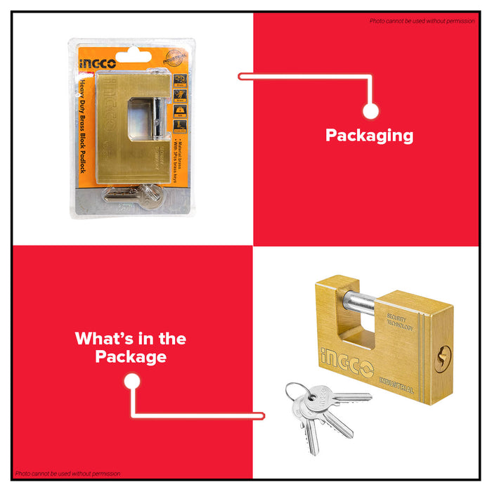 INGCO 60mm-90mm Heavy Duty Brass Block Padlock Anti-Theft High Security Outdoor Keyed Door Lock with 3pcs Brass Keys SOLD PER PIECE - HT2