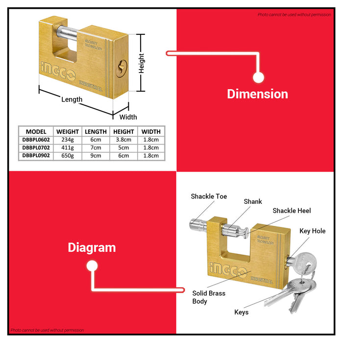 INGCO 60mm-90mm Heavy Duty Brass Block Padlock Anti-Theft High Security Outdoor Keyed Door Lock with 3pcs Brass Keys SOLD PER PIECE - HT2