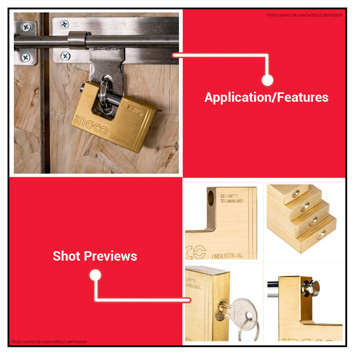 INGCO 60mm-90mm Heavy Duty Brass Block Padlock Anti-Theft High Security Outdoor Keyed Door Lock with 3pcs Brass Keys SOLD PER PIECE - HT2