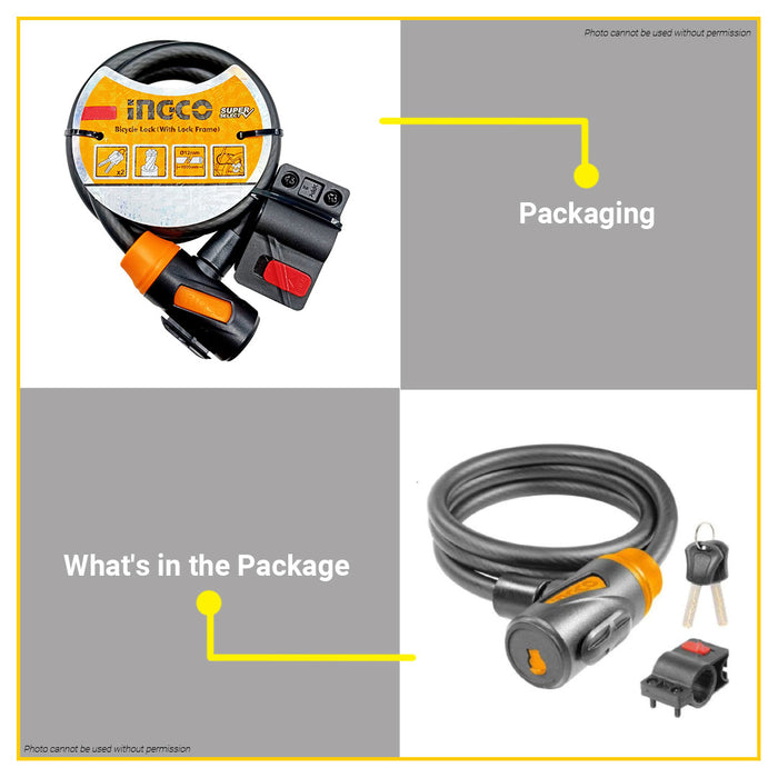 INGCO 12mm PVC Coated Bicycle Lock With Keys 1000mm Anti-Theft PVC Keyed Security Cable Lock For Bike - IHT