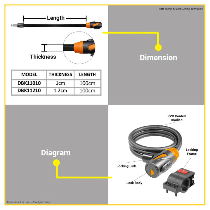 INGCO 12mm PVC Coated Bicycle Lock With Keys 1000mm Anti-Theft PVC Keyed Security Cable Lock For Bike - IHT